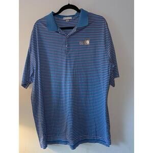 Peter Millar Mens Golf Polo Size XL Blue Pink Striped 50th Logo Performance Golf